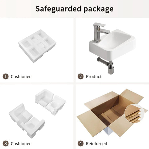 HAOCHRYSYPH Wall-Mounted Bathroom Sink, Ceramic, Milk White, 14x10 in. cushioned packaging and reinforced box display.