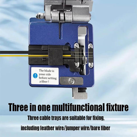 Pro Grade 3 In One Fiber Optic Tool Kit with cold welding cleaver showcasing cable trays and jumper wire in use