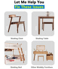 Image of wobbly furniture including a shaking chair, table, bed, and dresser illustrating uses for 40 Small White L Brackets With 80 White Screws Set.