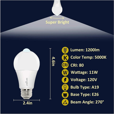 Motion Sensor LED Bulbs A19 5000K Daylight Dusk To Dawn Motion Activated 11W 75W Equivalent 1200 Lumens Indoor Outdoor Use Easy Install Porch Garage Hallway 2 Pack, white A19 E26 bulb 4.6in