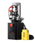 VEVOR hydraulic power unit for dump trailers; black base with red start button and yellow remote controller