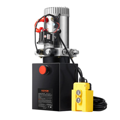VEVOR hydraulic power unit for dump trailers; black base with red start button and yellow remote controller