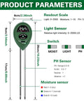 Three In One Soil Tester With Moisture, Light And PH Meter product dimensions and features for gardening and lawn care.