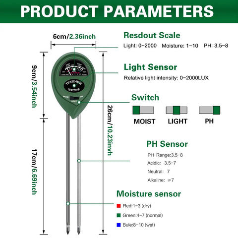 Three In One Soil Tester With Moisture, Light And PH Meter product dimensions and features for gardening and lawn care.