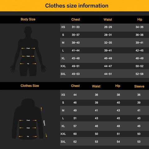 Lightweight Heated Jacket With 12V Power Bank, Six Zone Carbon Fiber Heating size chart showing chest, waist, hip, sleeve measurements
