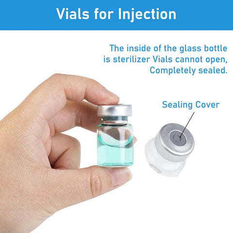 Front view of a 5ml glass injection vial with a metal sealing cap held by fingers, containing clear teal liquid.