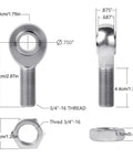 Heavy Duty Chromoly Heim Joint Rod End Kit includes two left hand thread ball ends, dimensions shown for custom suspension linkage.