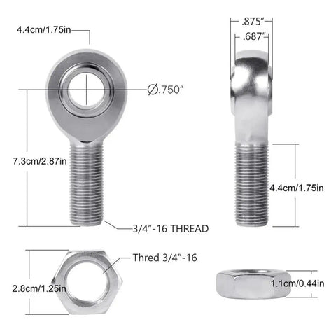 Premium 3/4 Inch Heim Joint Rod Ends 2 Pack with precise measurements and 3/4-16 threads for hot rod suspension.