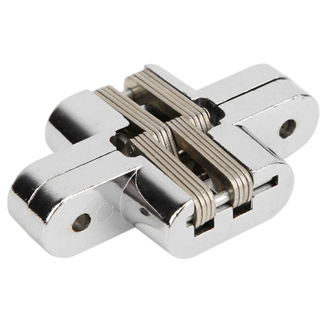 Close-up of 180 Degree Zinc Alloy Hidden Door Hinge For Cabinets And Furniture Concealed Cross Hinge No Fuss Install Kit.