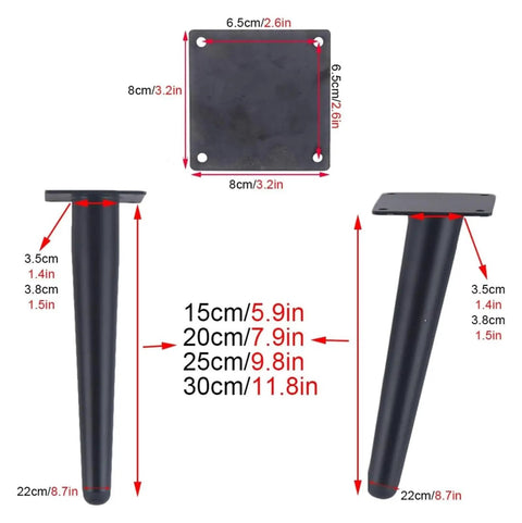 Diagram showing Adjustable Aluminum Furniture Legs In Sleek Black, 9.8 Inch Steel Feet for sofas and cabinets with dimensions.