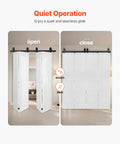 Bi Folding Sliding Barn Door Hardware Track Kit Heavy Duty Steel Rails For Four 12 Inch Closet Pantry Laundry Doors Bifold Sliding Door System Smooth Quiet Operation Easy To Install For Residential And Commercial Use installed view showing open and closed positions