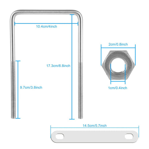 Diagram of Six Pack Square U Bolts 3/8 Inch Thread, 4 Inch Inner Width, 7 Inch Overall Length, 304 Stainless Steel With Washers And Nuts