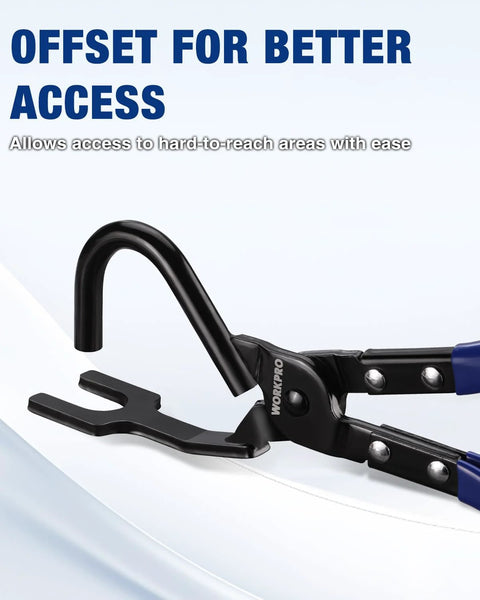WORKPRO exhaust hanger removal tool with curved hook and non-slip grips, side view