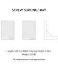 Diagram of durable plastic parts organizer tray for small screws and tiny hardware on your workbench, side and top view.