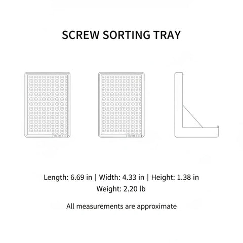 Diagram of durable plastic parts organizer tray for small screws and tiny hardware on your workbench, side and top view.