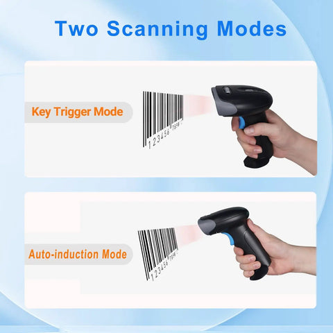 Wireless Handheld Barcode Scanner 1D 2D QR Reader With 2000mAh Battery showing key trigger and auto-induction modes