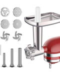 Metal meat grinder attachment for KitchenAid stand mixer with 4 grinding plates, 3 sausage tubes, 2 blades