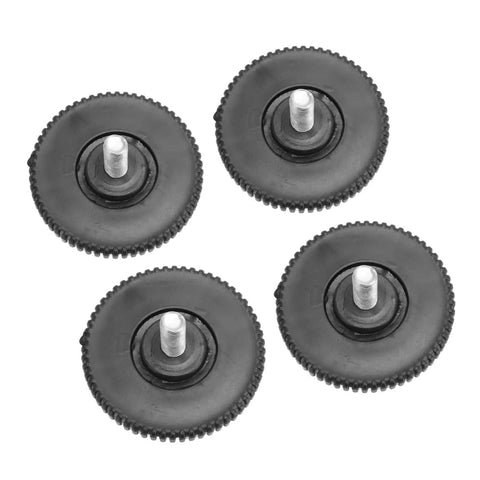 Four black heavy duty rubber round feet with screws. Non Slip Rubber Feet Floor Protectors For Tables And Furniture, Heavy Duty Durable Table Leg Caps With Secure Screw Install, Scratch Resistant Cushions To Shield Hardwood Floors From Scratches, Dents And Sliding.