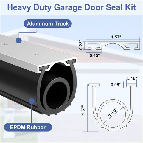 Garage Door Bottom Seal Kit 16.5ft EPDM Rubber Weatherproof Seal with Aluminum Track Kit diagram with dimensions and materials