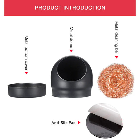 Pro Grade Soldering Iron Tip Cleaner Kit With Non Slip Cleaning Wire Ball And Base Holder components shown, including metal dome and cleaning ball.