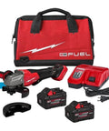 Badass Variable Speed Angle Grinder Kit Featuring A Brushless Motor And Anti Vibration Handle To Power Through Grinding And Cutting Jobs Without Breaking A Sweat, shown with two batteries and charger.