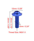 Close-up of 20mm blue aluminum alloy hex socket cap bolt with M6x1.0 thread, suitable for universal motorcycle and car use.