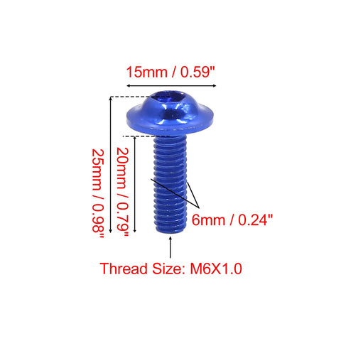 Close-up of 20mm blue aluminum alloy hex socket cap bolt with M6x1.0 thread, suitable for universal motorcycle and car use.