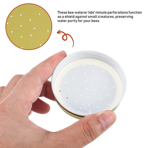 Hand holding 8 Pack Metal Bee Feeders For Beehives Entrance Lid Water And Sugar Syrup Feeder Set Perforated Design