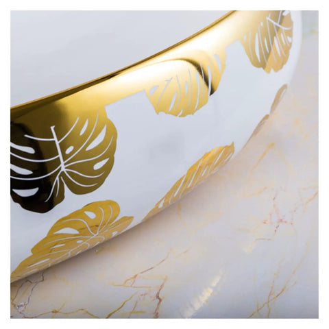 Bathroom Sink Hotel Bathroom Wash Basin Oval Above Table Basin Gold Leaf Flower Art Basin detail on curved edge with gold leaf design.