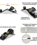 Heavy Duty Seven Inch Block Plane For Woodworking Features A Fully Adjustable One Point Five Eight Inch Hardened Alloy Steel Blade With Precision Cast Body For Smooth Finish Carpentry And Dead Nuts Precise Cutting Action, showing precision adjustable blade and cast iron body.