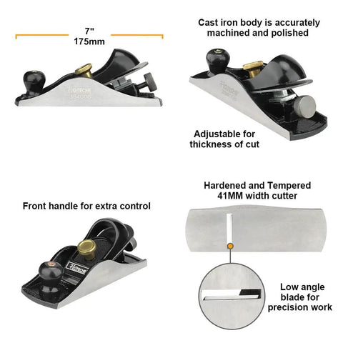 Heavy Duty Seven Inch Block Plane For Woodworking Features A Fully Adjustable One Point Five Eight Inch Hardened Alloy Steel Blade With Precision Cast Body For Smooth Finish Carpentry And Dead Nuts Precise Cutting Action, showing precision adjustable blade and cast iron body.