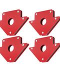 Heavy Duty Welding Magnet Set With 4 Pieces Of Angled Holders for 45 90 and 135 degrees, red carbon steel design, secure workpieces.