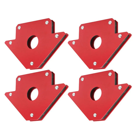 Heavy Duty Welding Magnet Set With 4 Pieces Of Angled Holders for 45 90 and 135 degrees, red carbon steel design, secure workpieces.