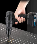 21V Brushless Electric Blind Rivet Nut Tool featuring rechargeable battery pack held by hand over nut inserts on a metal surface.