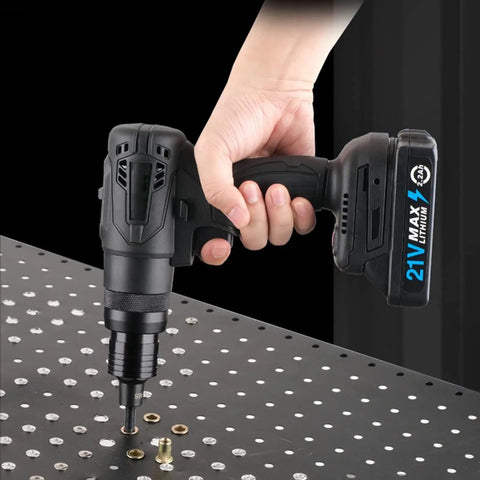 Killer 21V Brushless Electric Cordless Ram Gun And Blind Rivet Nut Tool in use with threaded inserts on a metal surface.