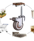 Silent Roll 1.5 Inch Swivel Caster Wheels Built Tough For Shopping Carts And Toolboxes Ultra Quiet Nylon Rubber Casters With M8 X 38 Mm Threaded Stem Mount on a workbench with various items around.