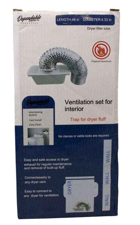 Indoor Dryer Lint Trap Vent Kit With 48 Inch Flexible Aluminum Hose And Interlocking System packaging