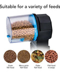 Heavy Duty Automatic Fish Feeder With Smart Electric Dual Compartments showing variety of fish feeds in dual hoppers.