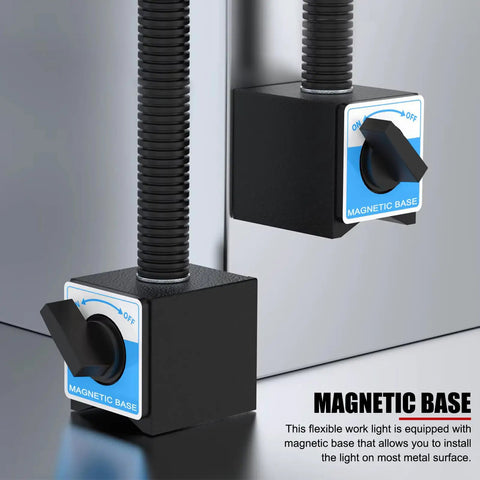 Top Shelf Led Machine Work Light With Heavy Duty Magnetic Base And Flexible Gooseneck Arm Pumping Out Killer Shop Brightness At One Thousand Lumens Ready For Cnc Lathe Mill And Garage Floors, showing magnetic base and switch.