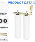 Slide Gate Guide Roller Kit With 8 Inch Nylon Rollers And L Shaped Rear Post Bracket Universal Sealed Ball Bearing Gate Guider For Sliding Doors White Fits 2 3 8 Inch Gate Width showing product details with rollers and mounting bracket.