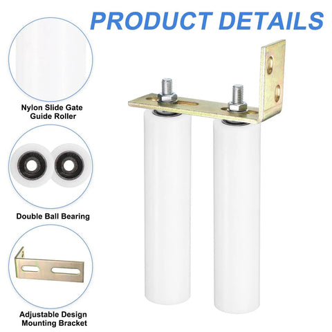 Slide Gate Guide Roller Kit With 8 Inch Nylon Rollers And L Shaped Rear Post Bracket Universal Sealed Ball Bearing Gate Guider For Sliding Doors White Fits 2 3 8 Inch Gate Width showing product details with rollers and mounting bracket.