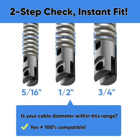 Tough As Nails Nine Piece Drain Auger Drill Attachment Kit showing 5/16, 1/2, and 3/4 inch cable compatibility for plumbing use.