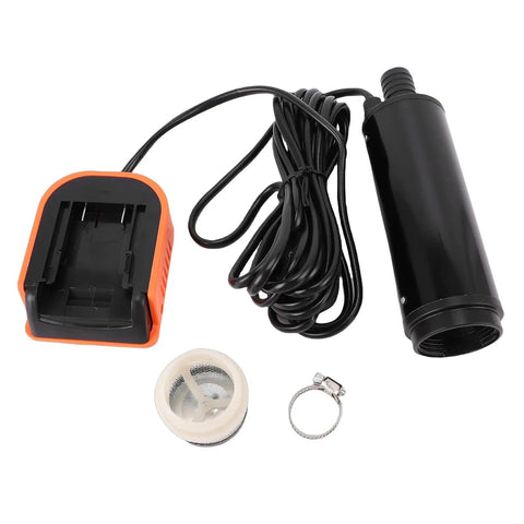 Heavy Duty No Hassle Battery Powered Portable Sump Pump components including battery charger, pump body, and filter for drainage.