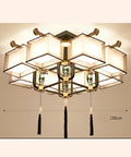 Chinese Motif Ceiling Pendant Light With Modern Fabric Shade And Classic Enamel Design Delivers Straight Up Cozy Ambiance Paired With Efficient Led Bulbs Perfect For Bedrooms Dining Nooks Or Trendy Cafes To Level Up Any Space Big Time, featuring six squared fabric shades and elegant tassels.