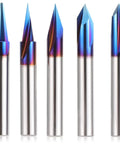 Top Shelf 5 Piece Cnc Router Bits Set For Wood Carving Uses Slick Quarter Inch Shank showing four tungsten carbide bits with blue finishes.