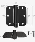 Self Closing Door Hinges Three Point Five Inch With Five Eighths Radius Corners Spring Hinges Adjustable Tension For Garage Front Door Left Or Right Hand UL Listed Matte Black Two Pack, shown with dimensions and screws
