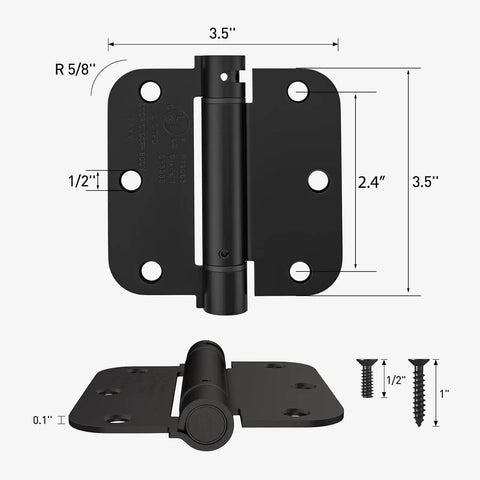 Self Closing Door Hinges Three Point Five Inch With Five Eighths Radius Corners Spring Hinges Adjustable Tension For Garage Front Door Left Or Right Hand UL Listed Matte Black Two Pack, shown with dimensions and screws