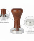 Top Shelf Espresso Coffee Tamper With Polished Stainless Steel Base And Sturdy Wooden Grip, 2x2 inch, durable design.