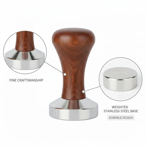 Top Shelf Espresso Coffee Tamper With Polished Stainless Steel Base And Sturdy Wooden Grip, 2x2 inch, durable design.