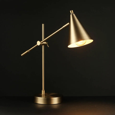 Dope Mid Century Modern 18 Inch Desk Lamp With Matte Brass Finish Adjustable Height Balance Arm Rotary Switch On Shade